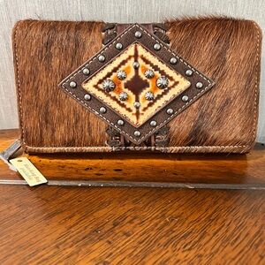 New Cowhide LeatherBrown Fur Wallet with Studded Design